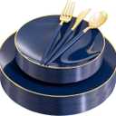 Liacere 150PCS Blue Plastic Plates - Gold Plastic Silverware with Blue Handle - Navy Disposable Plates Include 30 Guests Plates,Forks,Spoons,Knives for Hanukkah & New Year & Washington's Birthday