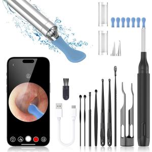 Ear Wax Removal, Earwax Remover Tool with 8 Pcs Ear Set, Ear Cleaner with Camera, Earwax Removal Kit with Light, Ear Wax Removal Tool with 6 Ear Spoon, Ear Cleaner for iOS and Android (Black)