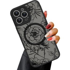 OOK Magnetic for iPhone 12 Pro Max Case Black Flower Floral Pattern [Compatible with MagSafe] Slim Translucent Matte Camera Lens Protection Case for iPhone 12 Pro Max, Black Floral Pattern (6.1")