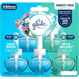 Glade PlugIns Refills Air Freshener, Aqua Waves and Sky & Sea Salt, Scented and Essential Oils for Home and Bathroom, 0.67 Fl Oz, 5 Count