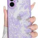 NITITOP Compatible with iPhone 16 Case Cute Aesthetic Floral Flower Vintage Rose Pattern Matte Clear Women Girl Full Camera Lens Slim Hard PC Shockproof Pritective Cover - Purple
