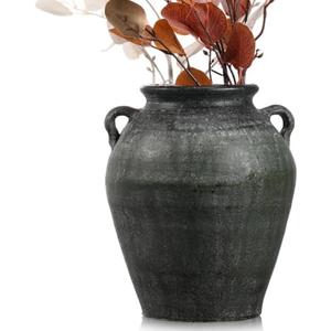 Mimorou Large Ceramic Vase with 2 Handles 11 Inch Tall Terracotta Rustic Vintage Vase Decorative Pottery Flower for Home Table Countertop Shelf Living Room Decor(Black)