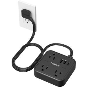 TESSAN Surge Protector Power Strip Black, 5 Ft Flat Plug Extension Cord with 3 USB (1 USB C) 8 Outlets, 900J Surge Protection, 3 Sided Outlet Extender with Power Switch for Office, Dorm Room