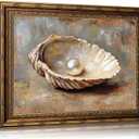 Vintage Gold Framed Wall Art, Seashell and Pearl Canvas Print, 24x16 In