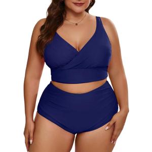 Eytino Womens Plus Size Bikini Sets High Waisted V Neck Bahting Suits Two Piece Color Block Swimsuits(1X) (Blue)