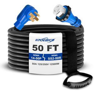 50 Amp 50FT RV Extension Cord, ETL Listed Heavy Duty Copper NEMA 14-50P to SS2-50R Power Cord with Twist Lock and Polarity Indicator