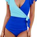Blooming Jelly Women's Tummy Control Swimsuits Slimming One Piece Bathing Suit Ruffle Wrap V Neck Swimwear (Medium, Sky Blue and Royal Blue)