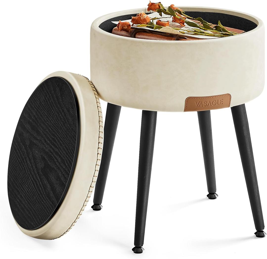 VASAGLE EKHO Collection - Storage Ottoman, Vanity Chair Stool, Synthetic Leather with Stitching, Mid-Century Modern, Round Storage Seat with Steel Legs, Loads 330 lb, Cream White ULOM005W01