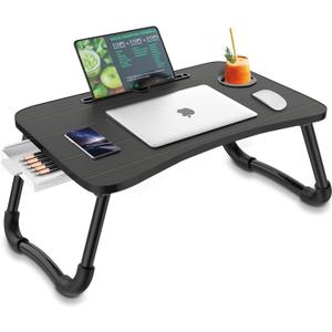 Zapuno Foldable Laptop Bed Table Multi-Function Lap Serving Tray Dining Table with Storage Drawer and Water Bottle Holder, Slot for Eating, Working on Couch/Sofa (Arc Shape) (Black)