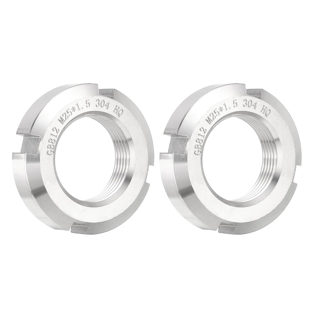 Uxcell M25 x 1.5mm - 2Pcs Retaining Four-Slot Slotted Round Nuts - 304 Stainless Steel Round Lock Nut for Various Rolling Bearings, Industrial Field, Silver