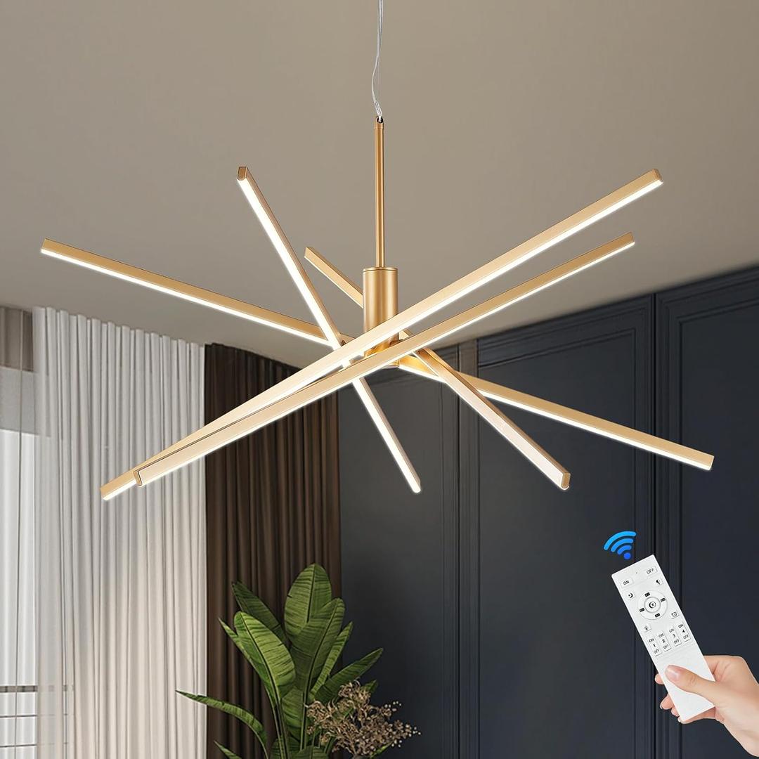 Benkut Modern Sputnik Chandelier Ceiling Gold LED Pendant Light with Remote 70W Chandeliers Dining Room Light Fixtures Over Table Dimmable for Living Room Kitchen Bedroom (39.4 in, 3000K-6000K)