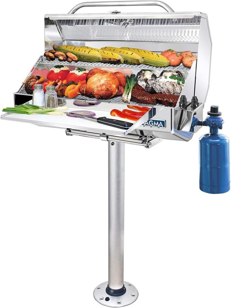 Magma T10-185 Double Locking Stowable Pedestal Mount for Single Mount Rectangle Grills and Tables | Stainless Steel Boat BBQ Mount
