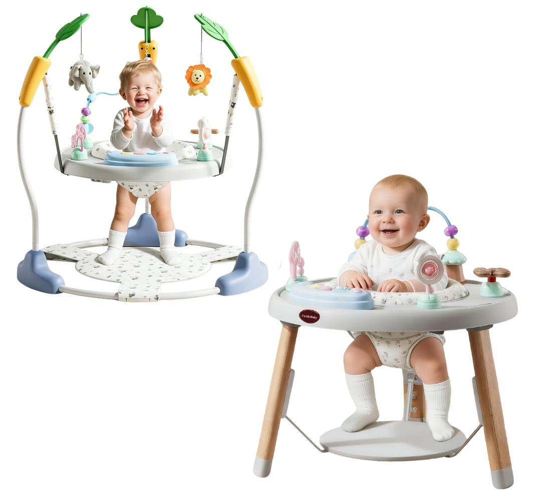 CuddoBaby Baby Jumper 4-Stage Convertible| Montessori -Inspired 8 Interactive Toys| Tummy Time Playmat, Bouncer, Exersaucer, Toddler Table| Music & Lights | 3-6, 6-12, 12-18, 12-24 Months - Gray
