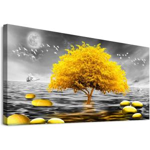 Wall Decorations For Living Room Large Size Canvas Wall Art For Bedroom Modern Office Wall Decor Canvas Art Black and white view Yellow Tree Painting Pictures Artwork for Walls Bathroom Home Decor (40L" x 20W")
