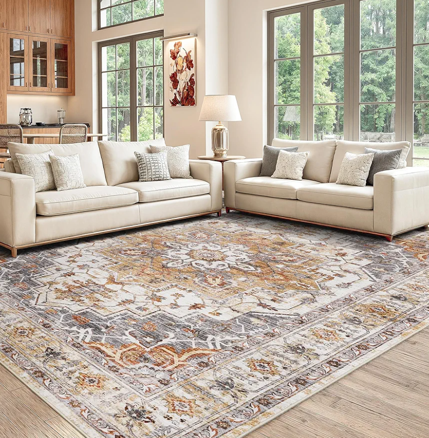 Washable Area Rug 8x10, Large Soft Rugs for Living Room Stain Resistant Non-Slip Backing Rugs for Bedroom, Vintage Clearance Large Area Rug (Turmeric/Grey,8'x10')