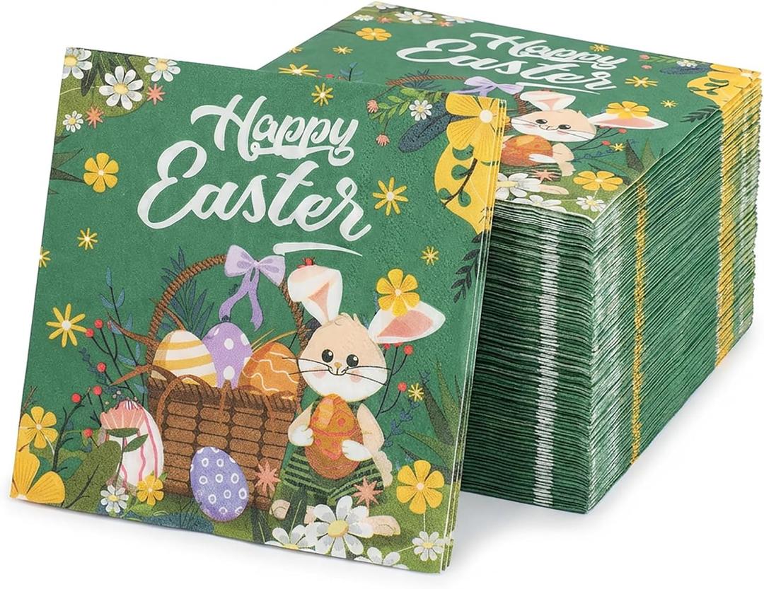 5 x ibohr Easter Paper Napkins, 50 Count Happy Easter Bunny & Egg Disposable Decorative Lunch Napkins for Easter Party Supplies, Spring Table Decorations