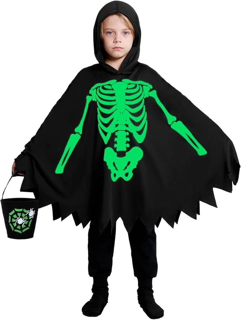 Unisex Glow in The Dark White Boo Ghost Halloween Cloak | Black Halloween Hooded Skeleton Cape Boys Girls & Adult
