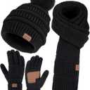 Winter Beanie Hat Scarf Gloves Set for Women, 3 PCS Warm Pom Pom Beanie Long Knit Scarf Anti-Slip Touchscreen Gloves Fleece Lined Hat Winter Gifts for Cold Weather Birthday Christmas Gifts for Adults (Black)