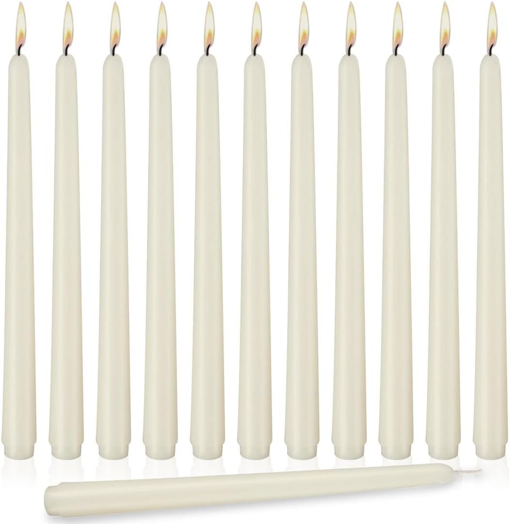 flamecan Ivory Taper Candles, Set of 12 Unscented and Smokeless 10 Inch Taper Candles Long Burning, Paraffin Wax with Cotton Wicks for Burning Approxinately 7-8 Hours Time