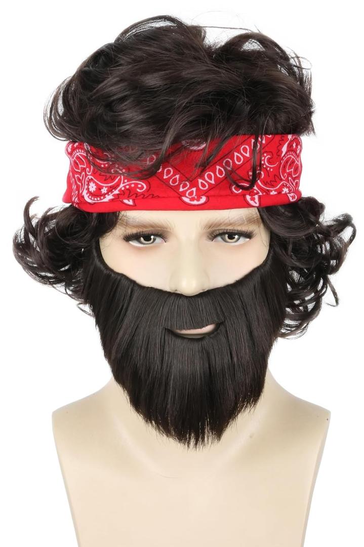 Mens Costume Wig and Fake Beard Turban Set Brown Short Curly Men Wigs for Halloween Cosplay Costume Party Funny Wigs