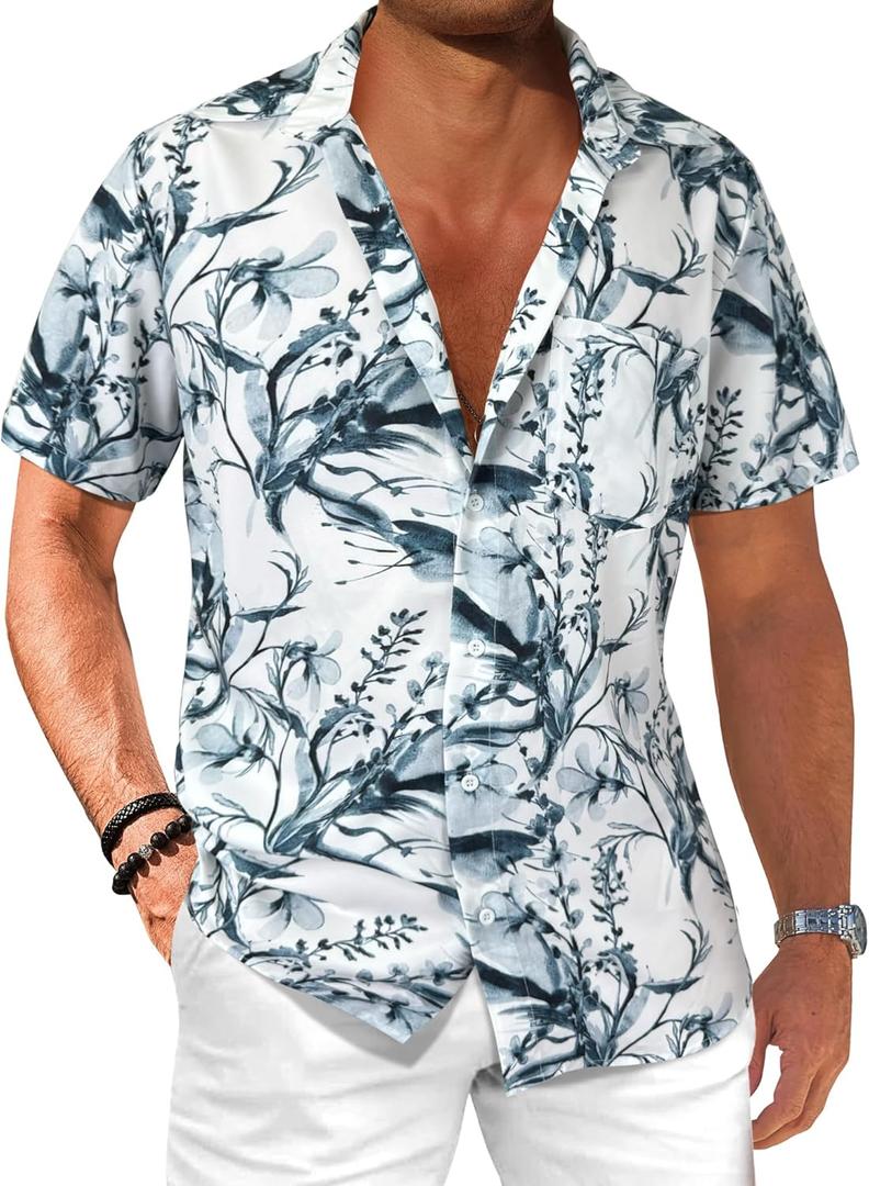 Comdecevis Men's Hawaiian Floral Shirts Short Sleeve Button Down Tropical Summer Beach Shirts (X-Large, Flower Gray)