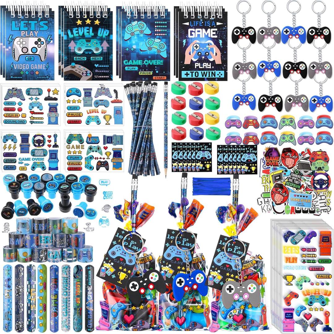 Sayglossy 371 Pcs Cool Video Game Party Favors Set Includes Gift Bags Pencils Notebook Sharpener Slap Bracelets Rings Keychains Tattoo Gaming Stickers Stamper Gamer Party Favors Birthday