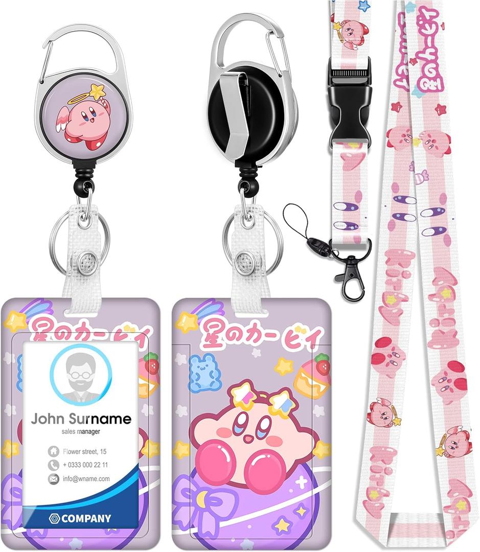 Akkya ID Badge Holder with Lanyard and Retractable Badge Reel Belt Clip, Cute Kawaii Cartoon Key Keychain Lanyards Clip On Badge Extender Vertical ID Sleeve Present for Girls Women