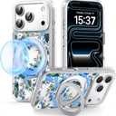 for iPhone 17 Pro Case with MagSafe Stand Ring for Women, Cute Clear Floral Design with 360 Kickstand Holder Magnetic Shock Proof Heavy-Duty Protection Blue Flower