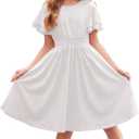 Arshiner Girl's Casual Dress Summer Scoop Neck Short Sleeve Flowy Print and Plain Sundress for Kids 4-14Y (11-12 Years, 0-white)