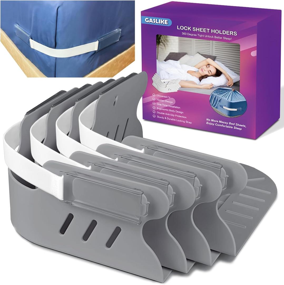 Lock Bed Sheet Holders with Anti-Slip Pads for Corners, 4Pcs Secure Bed Sheets Firmly in Place, Heavy Duty Bed Sheet Holder Straps for No More Loose Sheets, Easy Installation for All Mattress (Gray)