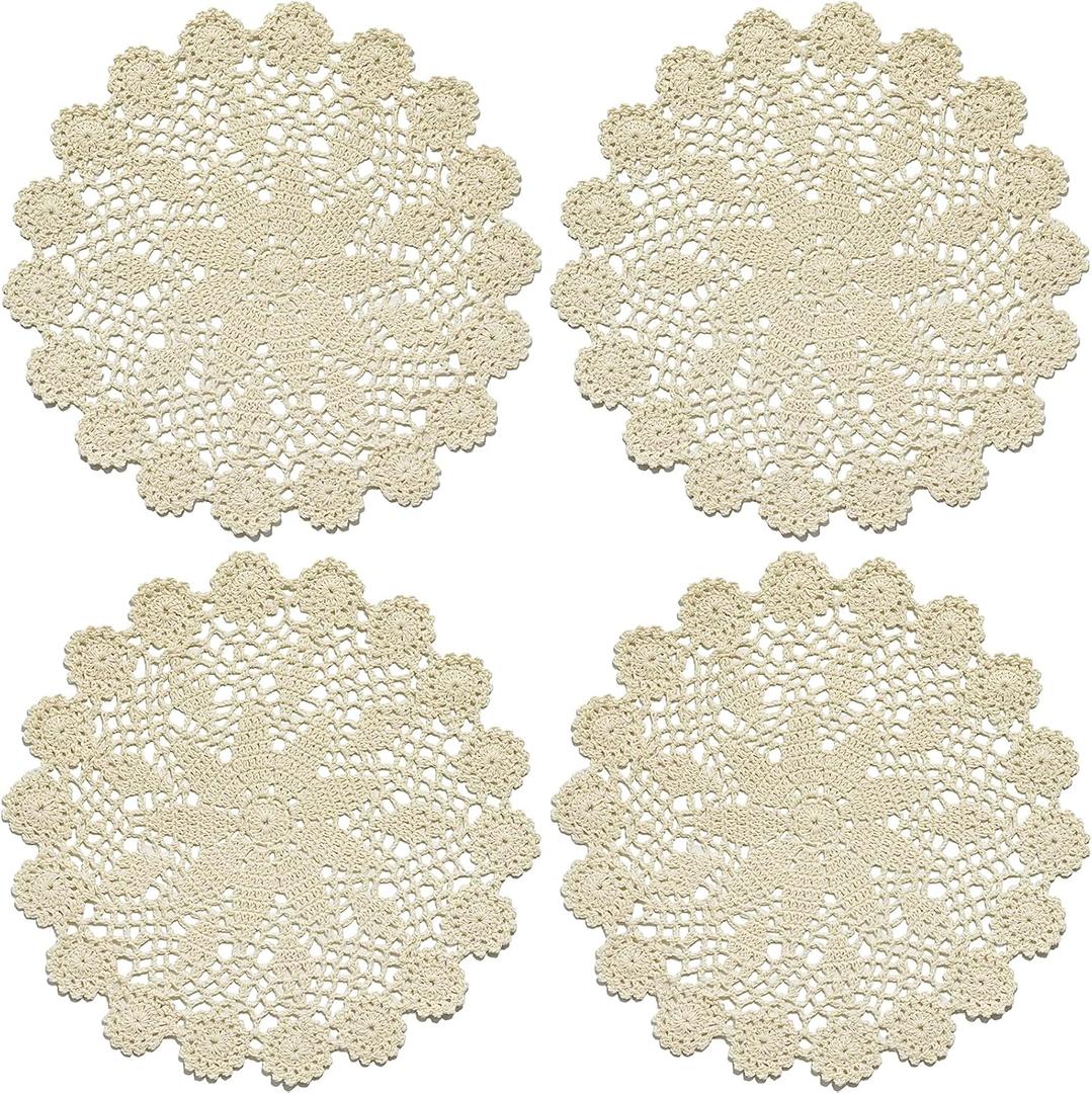Phantomon 12 Inch Round Doilies Crochet Handmade Lace Placemats 100% Cotton Knitted Coasters, Pack of 4 (Beige)