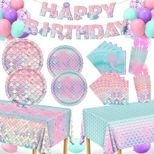Mermaid Birthday Decorations, 147Pcs Mermaid Party Supplies-Serves 24 with Plates and Napkins Tablecloth and Birthday Banner Balloons for Mermaids Birthdays Decorations