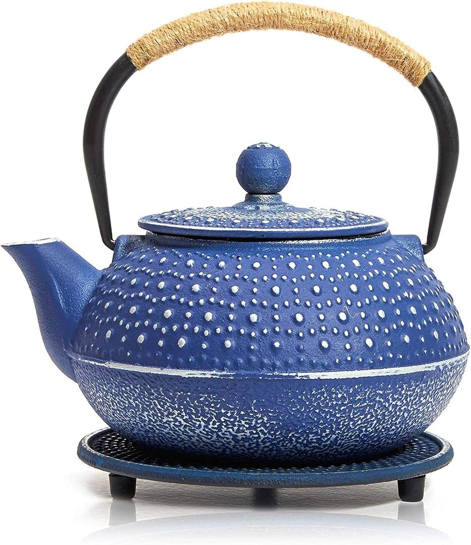Cast Iron Teapot with Infuser - Japanese Tea Kettle, Loose Leaf Tetsubin with Handle and Trivet (Blue, 3 Pcs, holds 27 oz, 800 ml) (Blue)
