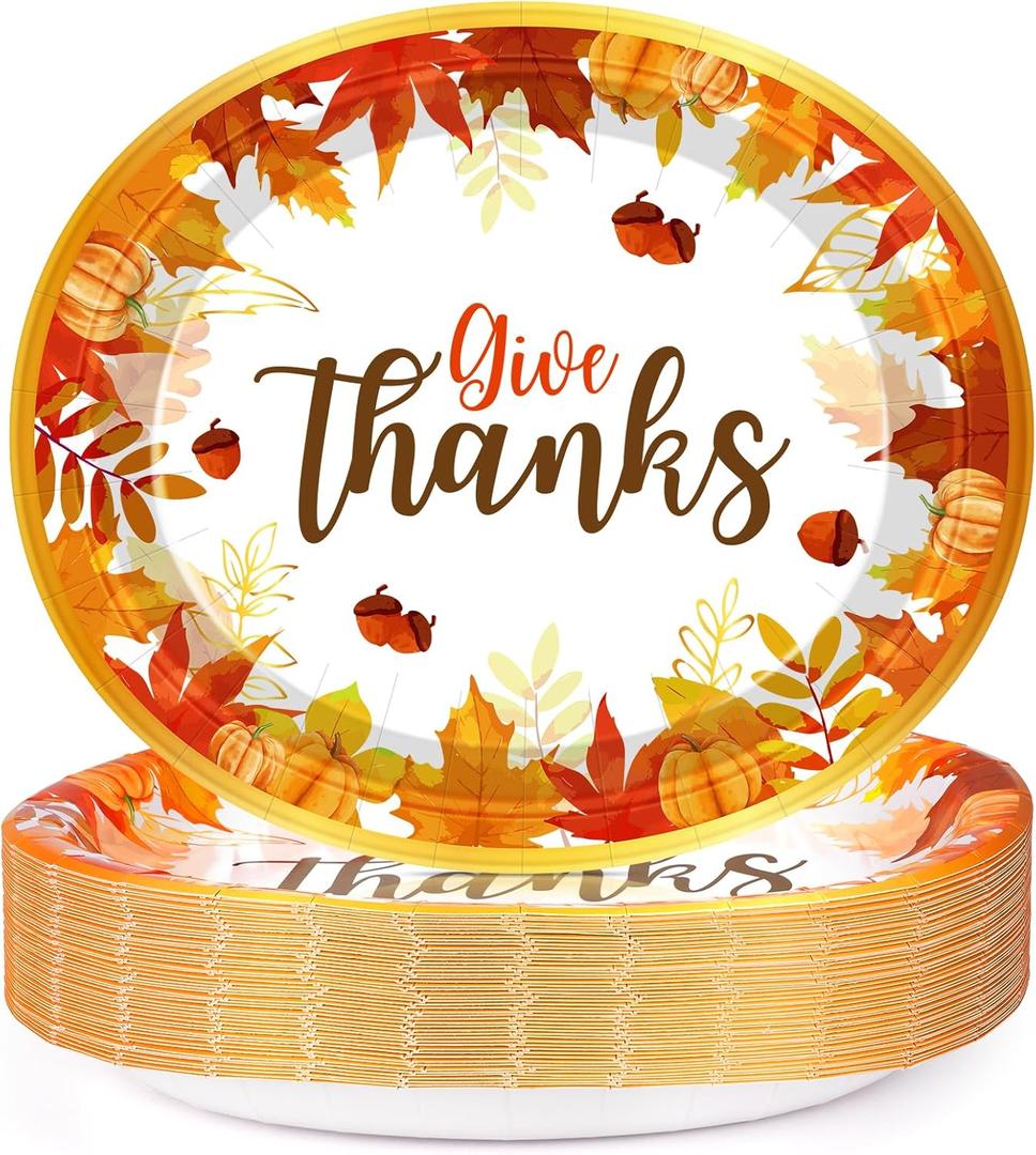 50 Count Thanksgiving Oval Paper Plates, 10" X 12.5" Heavy Duty Paper Plates for Thanksgiving Dinnerware Set, Large Disposable Dinner Platters Give Thanks Fall Plate for Autumn Harvest Party Supplies