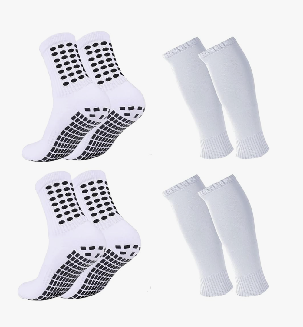 2 Set Kids Grip Soccer Socks with Shin Guard Sleeves Non Slip Soccer Leg Sleeve Socks for Boys Girls, White