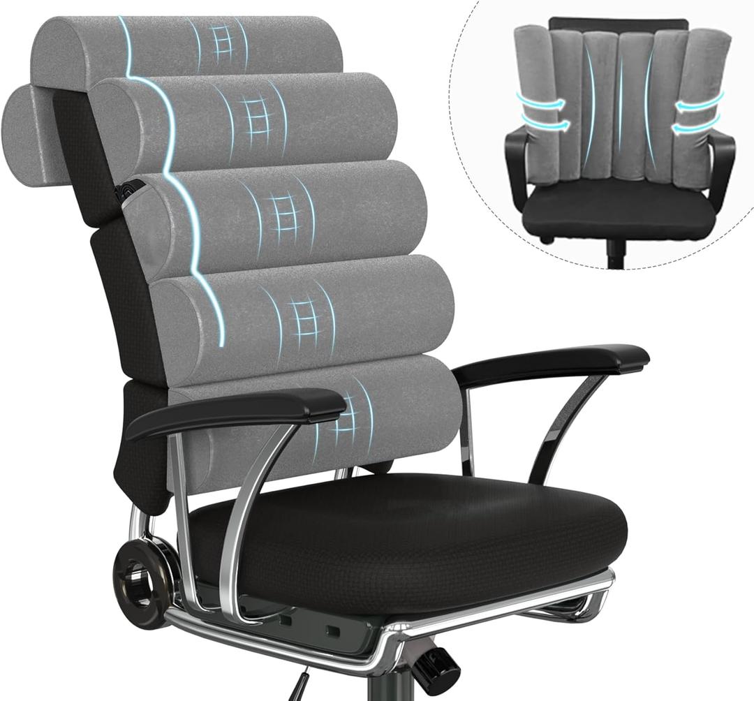 Back Support Pillow for Office Chair with Neck Support,Lumbar Pillow Adjustable for Chair,Patented 6 semi-Circular Foldable Back Cushion Hanging on Desk Chair/Couch/Recliner,Soft (Grey Short Velvet)