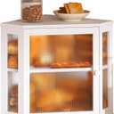 Corner Bread Box for Kitchen Countertop,Bread Storage for Homemade Bread, Double Layer Large Bamboo Kitchen Storage Bin with Window (White, Medium)