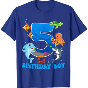 Kids 5th Birthday Boy Shark Ocean Theme Party 5 Years Old For Boy T-Shirt (Blue, Small)