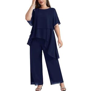 Hanna Nikole 2025 Plus Size Mother of The Bride Pant Suits 2 Piece Chiffon Sets Ruffle Asymmetric Layers Wedding Guest Outfit, Size:2XL