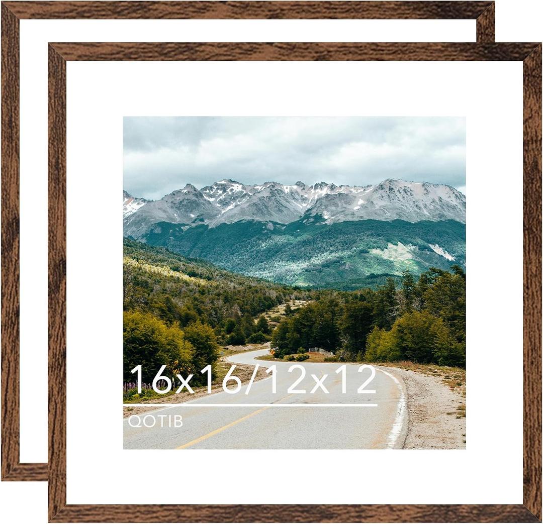 Wood 16x16 Picture Frame with 12x12 Mat Deep Brown, Display 12x12 with Mat or 16x16 without Mat, Wood 16 by 16 Photo Frame, 16 x 16 Frame for Wall Hanging Display, Deep Brown, 2 Pack