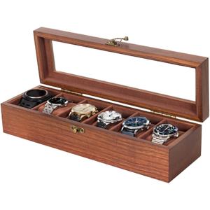 Watch Box, Watch Case for Men Women with Large Glass Lid, Wooden Watch Display Storage Box with 6 - Slots, Retro Walnut Mens Watch Box Organizer