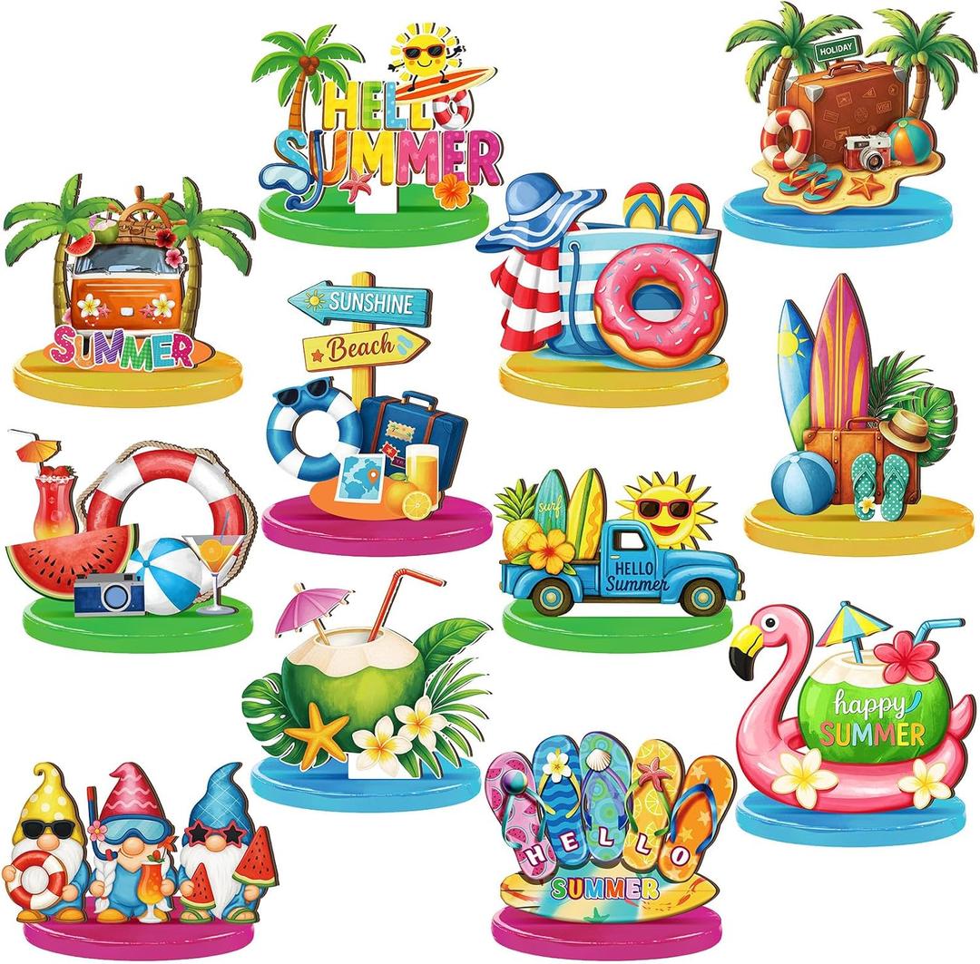 Wesiti 12 Pcs Summer Table Decor Wooden Summer Beach Table Centerpieces Beach Pool Balls Palm Tree Flamingo Tabletop Topper Tropical Hawaii Tiered Tray Decor for Kitchen Holiday Pool Party Supplies