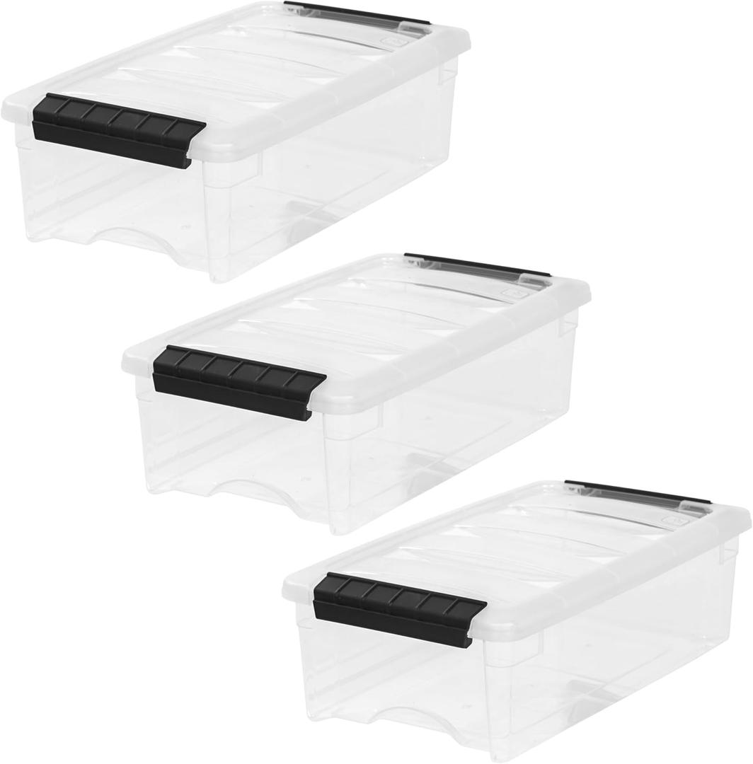 IRIS USA 3-Pack 6 Quart Storage Bins with Lids, Clear/Black