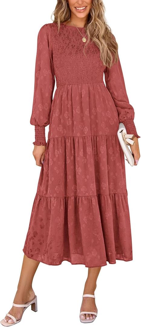 PRETTYGARDEN Women's Fall Spring Midi Dress Long Sleeve Floral Smocked Elegant Wedding Guest Long Flowy Dresses with Pockets (Large, Bean Paste Red)