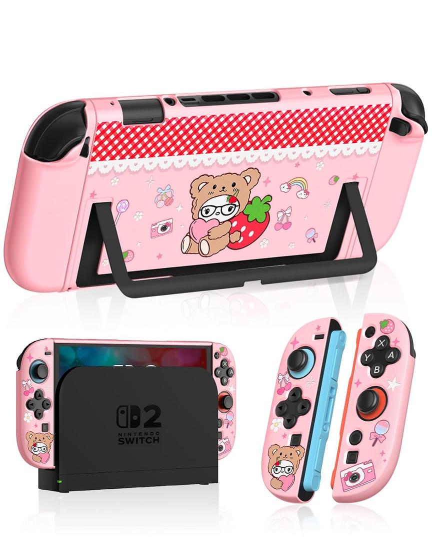 Dockable Case for Nintendo Switch 2 - Cute Kawaii Cartoon Design Soft TPU Grip Cover for Joy-Con PK Bear Cat PC for Switch 2 Protective Case 2025 for Girls Boys Teens