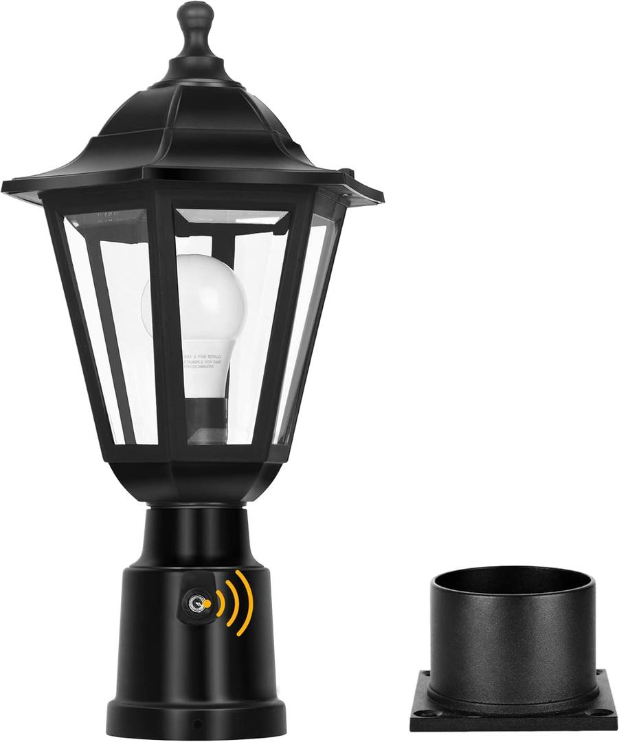 FUDESY Dusk to Dawn Sensor Outdoor Post Light, Waterproof Pole Lantern with Pier Mount Base, Exterior Plastic Lamp Light Fixture, for Garden, Patio, Pathway, Black, Bulb Included
