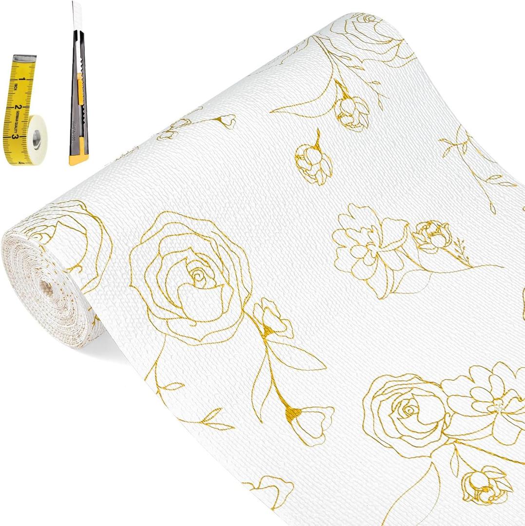 Shelf Liners for Kitchen Cabinets 12in x 20FT Non Adhesive Drawer Liner Gold Floral Thickened Shelf Liner Paper Strong Non-Slip Easy to Clean for Tool Box Refrigerator with Knife and Tape Measure