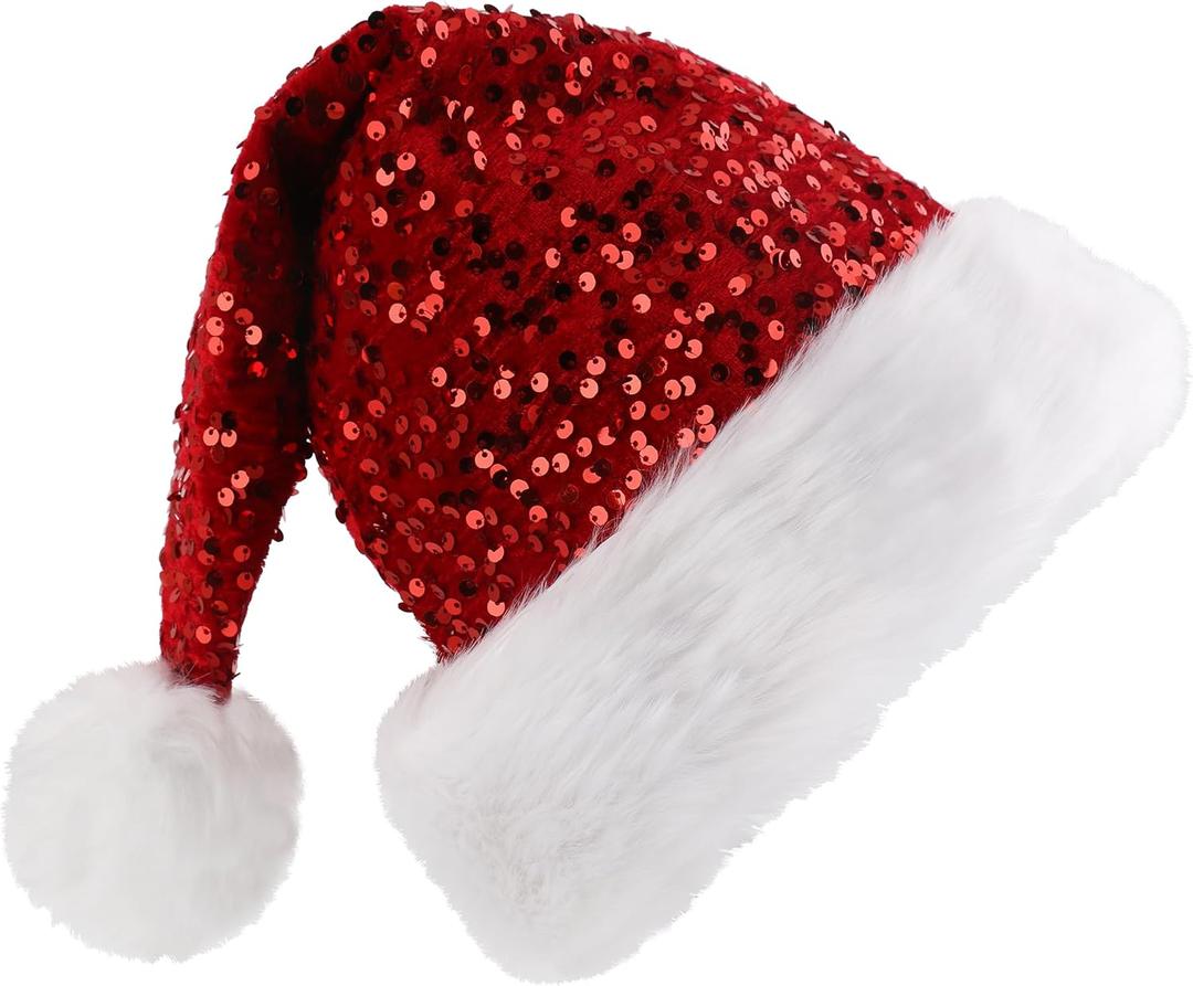 Red Sequin Santa Hat for Women Men Adults, Large Glitter Plush Santa Claus Hat, Sparkly Christmas Party Accessory, Holiday Headwear with Comfort Liner