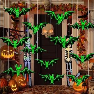 15 Pcs Outdoor Hanging Bats for Halloween Tree Decorations, Halloween Flying Bats with Glowing in Dark Eyes Hanging in The Tree, Waterproof Plastic Black Bats Outside Décor for Porch, Lawn