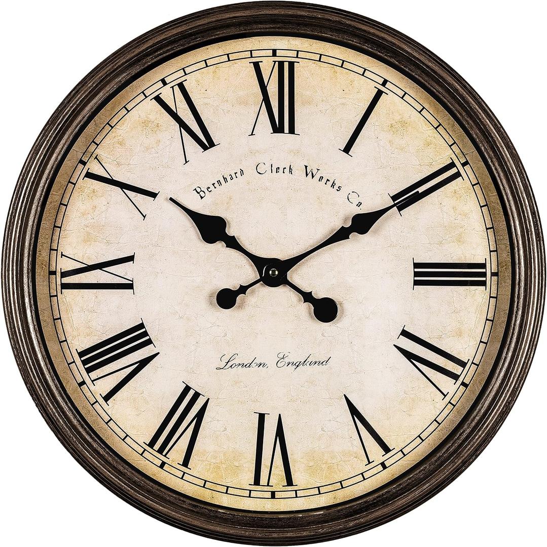 Bernhard Products Large Decorative Wall Clock 20 Inch Silent Non Ticking Battery Operated Quartz Vintage Stylish with Rustic Dark Brown Rim for Home Living/Dining Room Kitchen & Over Fireplace